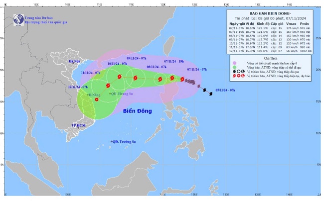 Dự báo hướng đi và phạm vi ảnh hưởng của bão Yinxing sáng 7/11